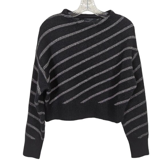 AllSaints Vega Jumper Sweater S Black Silver Metallic Striped Alpaca Wool Blend - Picture 1 of 16